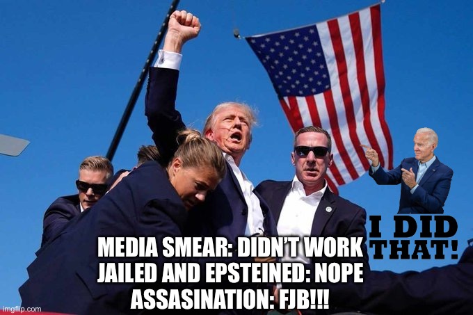 They wanted him jailed with no bodyguards | MEDIA SMEAR: DIDN’T WORK
JAILED AND EPSTEINED: NOPE
ASSASINATION: FJB!!! | image tagged in trump shot,fjb,political,revenge,hitman | made w/ Imgflip meme maker