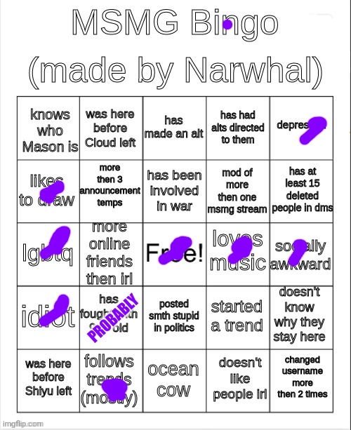 :( | PROBABLY | image tagged in msmg bingo | made w/ Imgflip meme maker