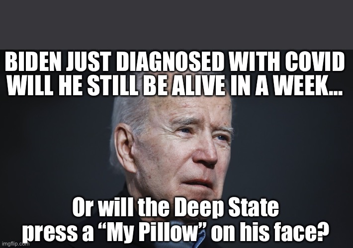 This Doesn’t Bode Well For Biden. | BIDEN JUST DIAGNOSED WITH COVID; WILL HE STILL BE ALIVE IN A WEEK…; Or will the Deep State press a “My Pillow” on his face? | image tagged in biden sick,off the ticket | made w/ Imgflip meme maker