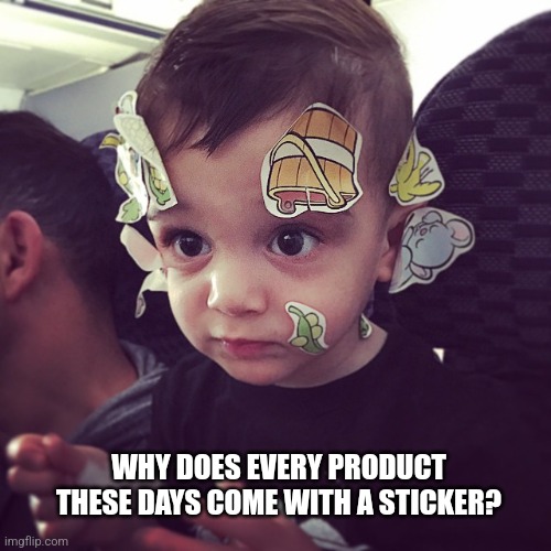 Beard oil, t-shirts, promo CDs | WHY DOES EVERY PRODUCT THESE DAYS COME WITH A STICKER? | image tagged in stickers | made w/ Imgflip meme maker