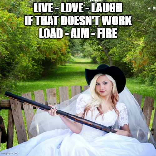 Guns | LIVE - LOVE - LAUGH
IF THAT DOESN'T WORK
LOAD - AIM - FIRE | image tagged in woman with gun,2nd amendment,bride,gun rights,shooting | made w/ Imgflip meme maker