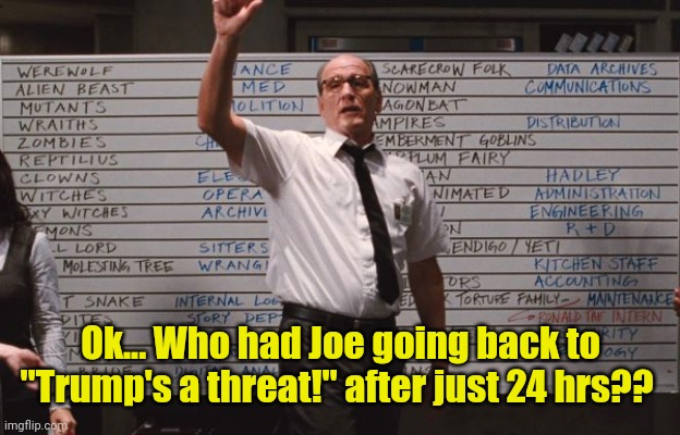 Cabin the the woods | Ok... Who had Joe going back to "Trump's a threat!" after just 24 hrs?? | image tagged in cabin the the woods | made w/ Imgflip meme maker