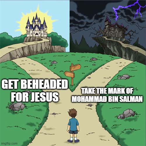 it's your choice in a few years | GET BEHEADED FOR JESUS; TAKE THE MARK OF MOHAMMAD BIN SALMAN | image tagged in two paths | made w/ Imgflip meme maker