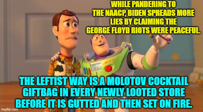 The NAACP know that you are lying to them, Joe.  It's just that they WANT you to lie. | WHILE PANDERING TO THE NAACP, BIDEN SPREADS MORE LIES BY CLAIMING THE GEORGE FLOYD RIOTS WERE PEACEFUL. THE LEFTIST WAY IS A MOLOTOV COCKTAIL GIFTBAG IN EVERY NEWLY LOOTED STORE BEFORE IT IS GUTTED AND THEN SET ON FIRE. | image tagged in toystory everywhere | made w/ Imgflip meme maker