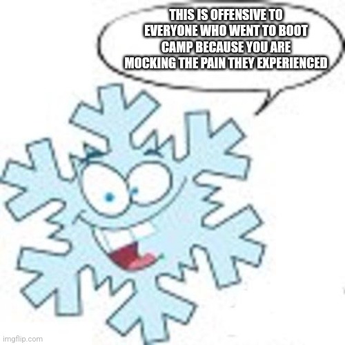 Snowflake | THIS IS OFFENSIVE TO EVERYONE WHO WENT TO BOOT CAMP BECAUSE YOU ARE MOCKING THE PAIN THEY EXPERIENCED | image tagged in snowflake | made w/ Imgflip meme maker