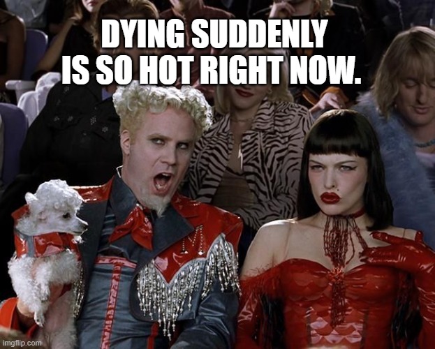 So Hot Right Now | DYING SUDDENLY IS SO HOT RIGHT NOW. | image tagged in so hot right now | made w/ Imgflip meme maker