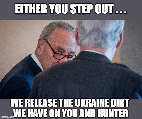 Ukraine Dirt on Biden | EITHER YOU STEP OUT . . . WE RELEASE THE UKRAINE DIRT 
WE HAVE ON YOU AND HUNTER | image tagged in schumer,biden | made w/ Imgflip meme maker