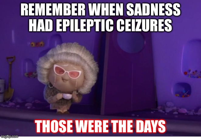 Nostalgia strikes again | REMEMBER WHEN SADNESS HAD EPILEPTIC CEIZURES; THOSE WERE THE DAYS | image tagged in weird,stupid,funny | made w/ Imgflip meme maker