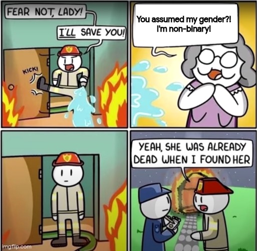 u can be whatever gender, just dont lash out when someone accidentally misgenders u. | You assumed my gender?!
I'm non-binary! | image tagged in lady in fire comic | made w/ Imgflip meme maker