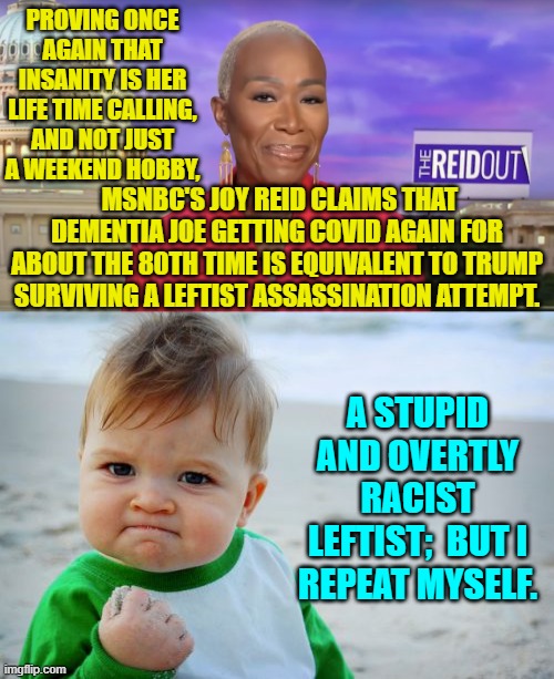 MSNBC needs to retire this hack. | PROVING ONCE AGAIN THAT INSANITY IS HER LIFE TIME CALLING, AND NOT JUST A WEEKEND HOBBY, MSNBC'S JOY REID CLAIMS THAT DEMENTIA JOE GETTING COVID AGAIN FOR ABOUT THE 80TH TIME IS EQUIVALENT TO TRUMP SURVIVING A LEFTIST ASSASSINATION ATTEMPT. A STUPID AND OVERTLY RACIST LEFTIST;  BUT I REPEAT MYSELF. | image tagged in success kid original | made w/ Imgflip meme maker