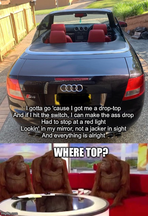 Where top? | I gotta go 'cause I got me a drop-top
And if I hit the switch, I can make the ass drop
Had to stop at a red light
Lookin' in my mirror, not a jacker in sight
And everything is alright; WHERE TOP? | image tagged in where monkey | made w/ Imgflip meme maker