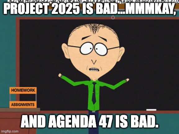 Mr. Mackie | PROJECT 2025 IS BAD...MMMKAY, AND AGENDA 47 IS BAD. | image tagged in mr mackie | made w/ Imgflip meme maker