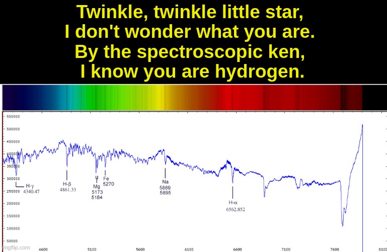 Twinkle Twinkle Little Star | Twinkle, twinkle little star, 
I don't wonder what you are. 
By the spectroscopic ken, 
I know you are hydrogen. | image tagged in astronomy | made w/ Imgflip meme maker