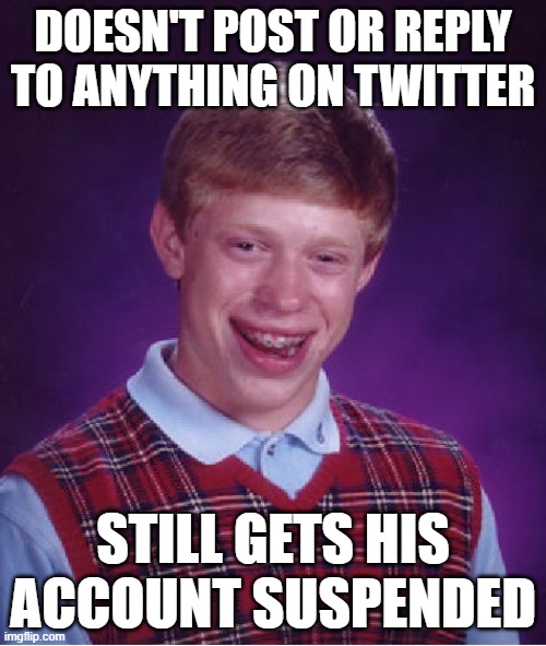 Bad Luck Brian | DOESN'T POST OR REPLY TO ANYTHING ON TWITTER; STILL GETS HIS ACCOUNT SUSPENDED | image tagged in memes,bad luck brian,twitter,tweet | made w/ Imgflip meme maker
