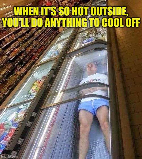 Chillin' like a villian | WHEN IT'S SO HOT OUTSIDE, YOU'LL DO ANYTHING TO COOL OFF | image tagged in too hot,summer,freezer,man,chillin | made w/ Imgflip meme maker