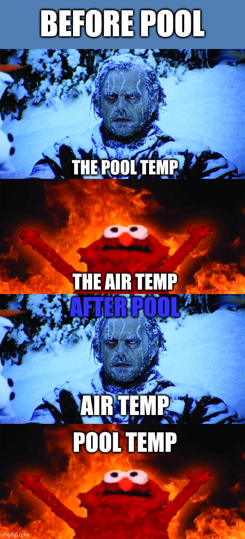 I'm bored | BEFORE POOL; THE POOL TEMP; AFTER POOL; THE AIR TEMP; AIR TEMP; POOL TEMP | image tagged in cold vs hot | made w/ Imgflip meme maker