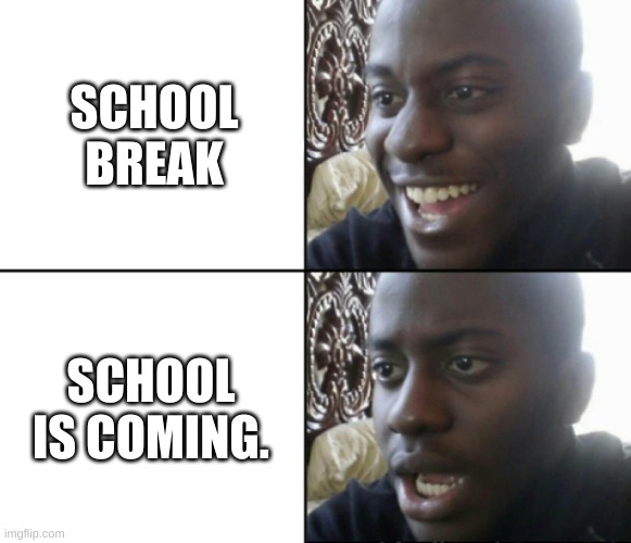 Happy / Shock | SCHOOL BREAK SCHOOL IS COMING. | image tagged in happy / shock | made w/ Imgflip meme maker