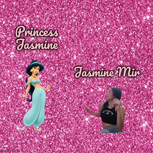 2 Girls, 1 Name #1 | Princess Jasmine; Jasmine Mir | image tagged in pink sparkle background,disney princess,youtube,girl,girls,pretty girl | made w/ Imgflip meme maker