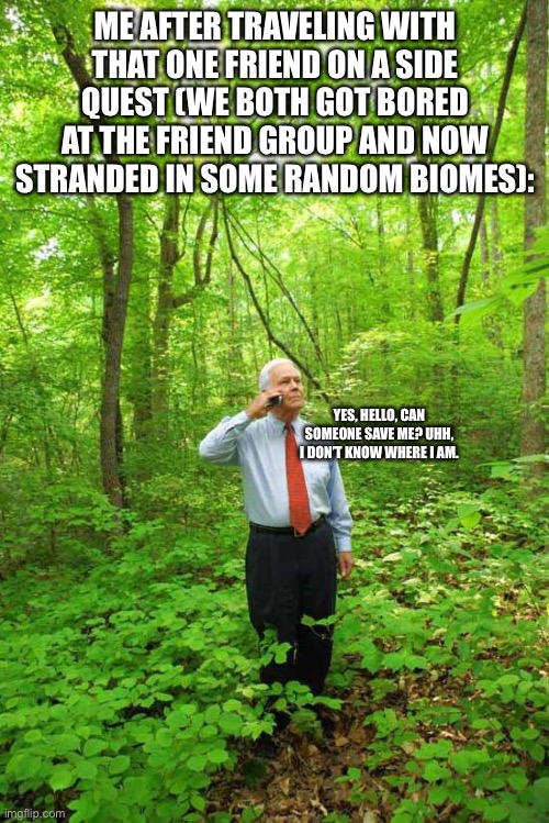 Not again | ME AFTER TRAVELING WITH THAT ONE FRIEND ON A SIDE QUEST (WE BOTH GOT BORED AT THE FRIEND GROUP AND NOW STRANDED IN SOME RANDOM BIOMES):; YES, HELLO, CAN SOMEONE SAVE ME? UHH, I DON’T KNOW WHERE I AM. | image tagged in lost in the woods | made w/ Imgflip meme maker