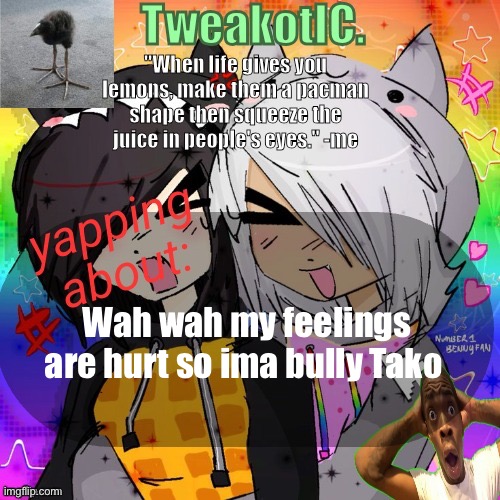 smores 14th announcement temp | Wah wah my feelings are hurt so ima bully Tako | image tagged in smores 14th announcement temp | made w/ Imgflip meme maker