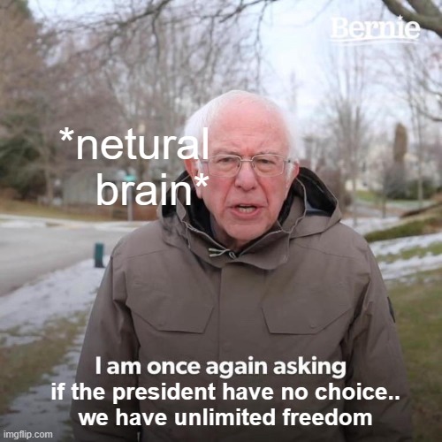 Bernie I Am Once Again Asking For Your Support Meme | *netural brain*; if the president have no choice..
we have unlimited freedom | image tagged in memes,bernie i am once again asking for your support | made w/ Imgflip meme maker