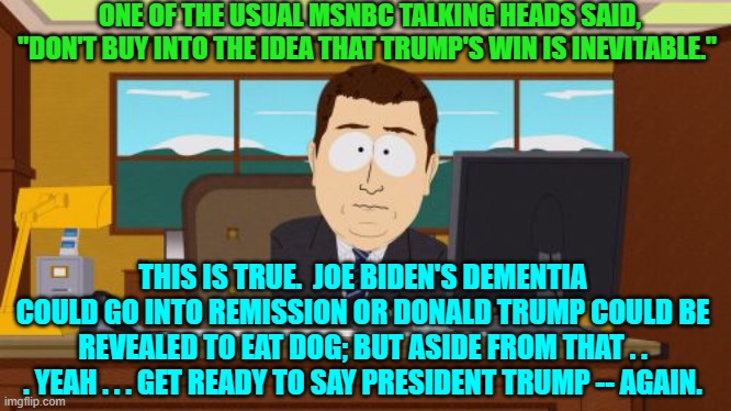 Yeah . . . it's pretty much over at this point for the Dem Party. | ONE OF THE USUAL MSNBC TALKING HEADS SAID, "DON'T BUY INTO THE IDEA THAT TRUMP'S WIN IS INEVITABLE."; THIS IS TRUE.  JOE BIDEN'S DEMENTIA COULD GO INTO REMISSION OR DONALD TRUMP COULD BE REVEALED TO EAT DOG; BUT ASIDE FROM THAT . . . YEAH . . . GET READY TO SAY PRESIDENT TRUMP -- AGAIN. | image tagged in aaaaand its gone | made w/ Imgflip meme maker