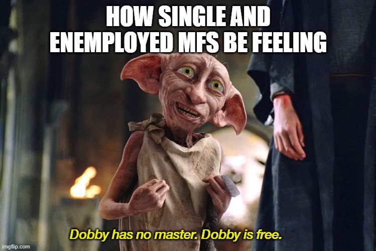 realest | HOW SINGLE AND ENEMPLOYED MFS BE FEELING; Dobby has no master. Dobby is free. | image tagged in dobby is free,currently not listening to anything | made w/ Imgflip meme maker