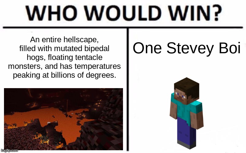 How can Steve survive an equivalent of a nuclear bomb but can't handle a little lava in the overworld? | One Stevey Boi; An entire hellscape, filled with mutated bipedal hogs, floating tentacle monsters, and has temperatures peaking at billions of degrees. | image tagged in memes,who would win | made w/ Imgflip meme maker