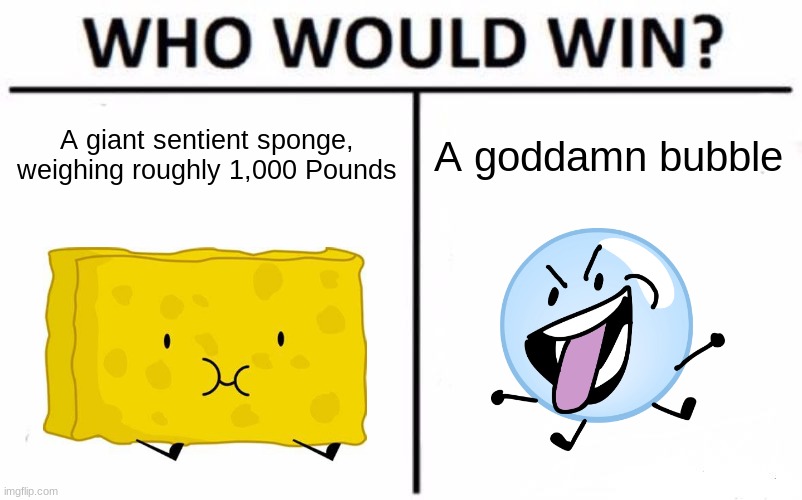 BFB 13 intensifies | A giant sentient sponge, weighing roughly 1,000 Pounds; A goddamn bubble | image tagged in memes,who would win | made w/ Imgflip meme maker