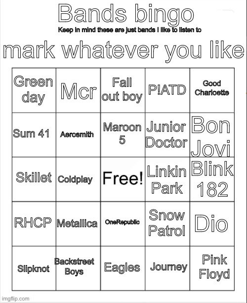 Bands Bingo | image tagged in bands bingo | made w/ Imgflip meme maker
