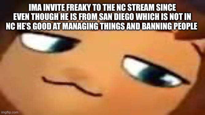 smug hat kid.mp4 | IMA INVITE FREAKY TO THE NC STREAM SINCE EVEN THOUGH HE IS FROM SAN DIEGO WHICH IS NOT IN NC HE’S GOOD AT MANAGING THINGS AND BANNING PEOPLE | image tagged in smug hat kid mp4 | made w/ Imgflip meme maker