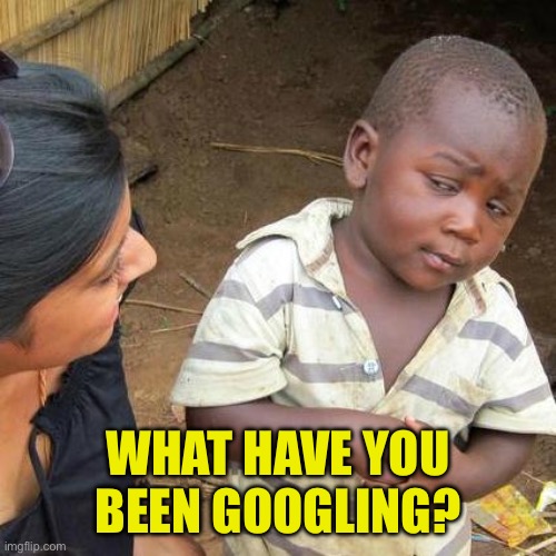 Third World Skeptical Kid Meme | WHAT HAVE YOU BEEN GOOGLING? | image tagged in memes,third world skeptical kid | made w/ Imgflip meme maker