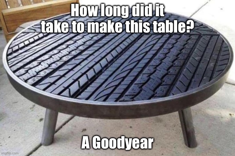 Long table | How long did it take to make this table? A Goodyear | image tagged in goodyear,table,dad joke | made w/ Imgflip meme maker