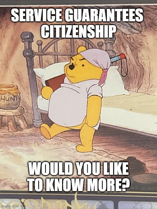 Service Guarantees Citizenship | SERVICE GUARANTEES 
CITIZENSHIP; WOULD YOU LIKE TO KNOW MORE? | image tagged in winnie the pooh,starship troopers | made w/ Imgflip meme maker