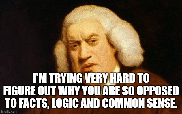 Samuel Johnson | I'M TRYING VERY HARD TO FIGURE OUT WHY YOU ARE SO OPPOSED TO FACTS, LOGIC AND COMMON SENSE. | image tagged in samuel johnson | made w/ Imgflip meme maker