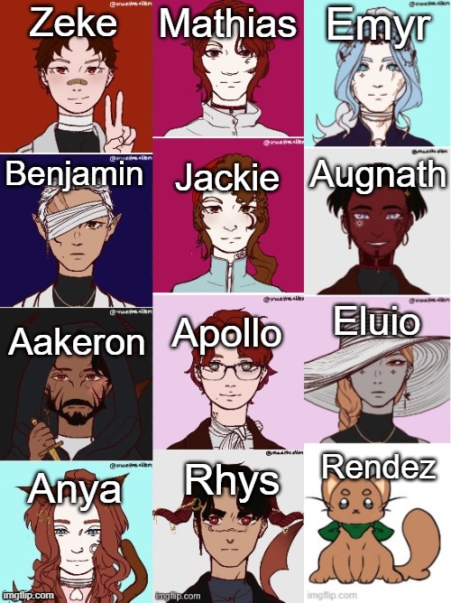 Let's play a game, guess which of these OC's are dating :3 (Hint: two relationships are gay, two are straight) | Mathias; Emyr; Zeke; Augnath; Benjamin; Jackie; Eluio; Aakeron; Apollo; Rendez; Rhys; Anya | made w/ Imgflip meme maker