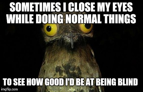 Weird Stuff I Do Potoo Meme | SOMETIMES I CLOSE MY EYES WHILE DOING NORMAL THINGS  TO SEE HOW GOOD I'D BE AT BEING BLIND | image tagged in memes,weird stuff i do potoo,AdviceAnimals | made w/ Imgflip meme maker