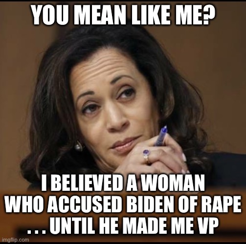Kamala Harris  | YOU MEAN LIKE ME? I BELIEVED A WOMAN WHO ACCUSED BIDEN OF RAPE . . . UNTIL HE MADE ME VP | image tagged in kamala harris | made w/ Imgflip meme maker