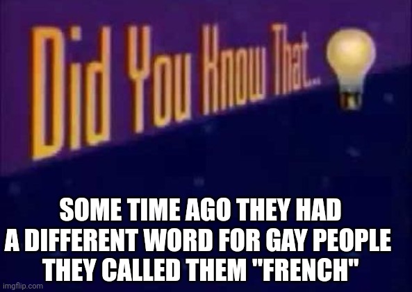 I kinda see why... | SOME TIME AGO THEY HAD A DIFFERENT WORD FOR GAY PEOPLE 
THEY CALLED THEM "FRENCH" | image tagged in did you know that | made w/ Imgflip meme maker