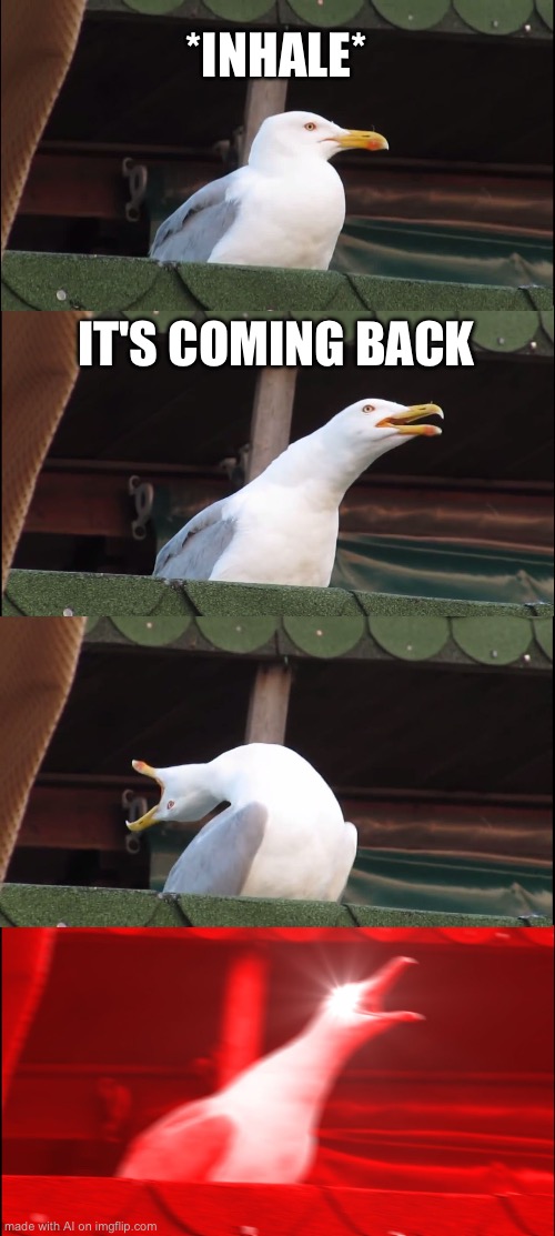 Inhaling Seagull | *INHALE*; IT'S COMING BACK | image tagged in memes,inhaling seagull | made w/ Imgflip meme maker