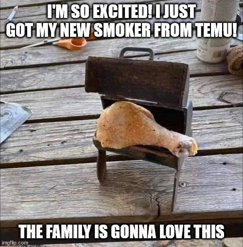 Smoker | I'M SO EXCITED! I JUST GOT MY NEW SMOKER FROM TEMU! THE FAMILY IS GONNA LOVE THIS | image tagged in durlearl | made w/ Imgflip meme maker