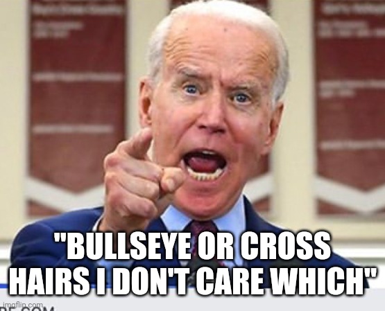 Joe Biden no malarkey | "BULLSEYE OR CROSS HAIRS I DON'T CARE WHICH" | image tagged in joe biden no malarkey | made w/ Imgflip meme maker