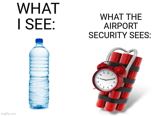 joke is overused but that won't stop me | WHAT I SEE:; WHAT THE AIRPORT SECURITY SEES: | image tagged in funny,imgflip,airport,water,oh wow are you actually reading these tags,memes | made w/ Imgflip meme maker
