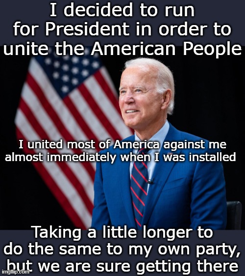The great Uniter | I decided to run for President in order to unite the American People; I united most of America against me almost immediately when I was installed; Taking a little longer to do the same to my own party, but we are sure getting there | image tagged in biden unites america meme | made w/ Imgflip meme maker