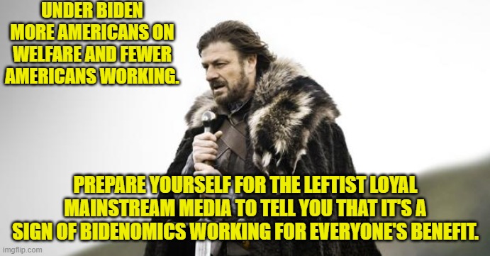 What you are seeing and hearing is not what you are seeing and hearing! | UNDER BIDEN MORE AMERICANS ON WELFARE AND FEWER AMERICANS WORKING. PREPARE YOURSELF FOR THE LEFTIST LOYAL MAINSTREAM MEDIA TO TELL YOU THAT IT'S A SIGN OF BIDENOMICS WORKING FOR EVERYONE'S BENEFIT. | image tagged in winter is coming | made w/ Imgflip meme maker