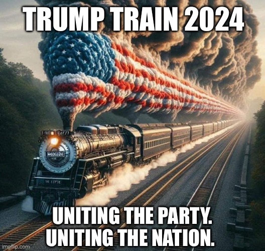 Picking up steam.  Staying on track.  Bringing America back to shining time station! | TRUMP TRAIN 2024; UNITING THE PARTY.
UNITING THE NATION. | image tagged in trump train,gop,donald trump,election 2024 | made w/ Imgflip meme maker