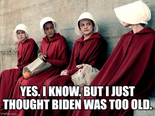 Handmaid's 2024 | YES. I KNOW. BUT I JUST THOUGHT BIDEN WAS TOO OLD. | image tagged in handmaid's tale | made w/ Imgflip meme maker