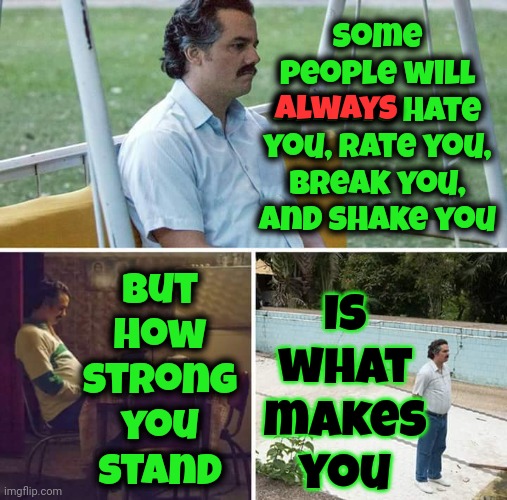 You Know Who You Are.  Nobody Else Does Or Ever Will.  We Can Only Ever Truly Know ... Ourselves | Some people will always hate you, rate you, break you, and shake you; But how strong you stand; always; Is
what
makes
you | image tagged in memes,sad pablo escobar,i don't know who are you,who are you,who are you people,hello there | made w/ Imgflip meme maker