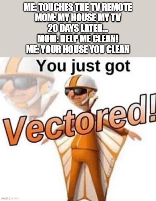 You just got vectored | ME: TOUCHES THE TV REMOTE
MOM: MY HOUSE MY TV
20 DAYS LATER...
MOM: HELP ME CLEAN!
ME: YOUR HOUSE YOU CLEAN | image tagged in you just got vectored | made w/ Imgflip meme maker