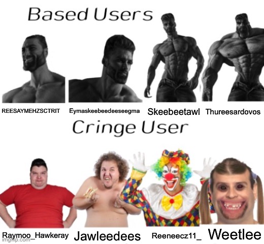 Based users vs cringe user | Thureesardovos; Skeebeetawl; REESAYMEHZSCTRIT; Eymaskeebeedeeseegma; Weetlee; Raymoo_Hawkeray; Jawleedees; Reeneecz11_ | image tagged in based users vs cringe user | made w/ Imgflip meme maker